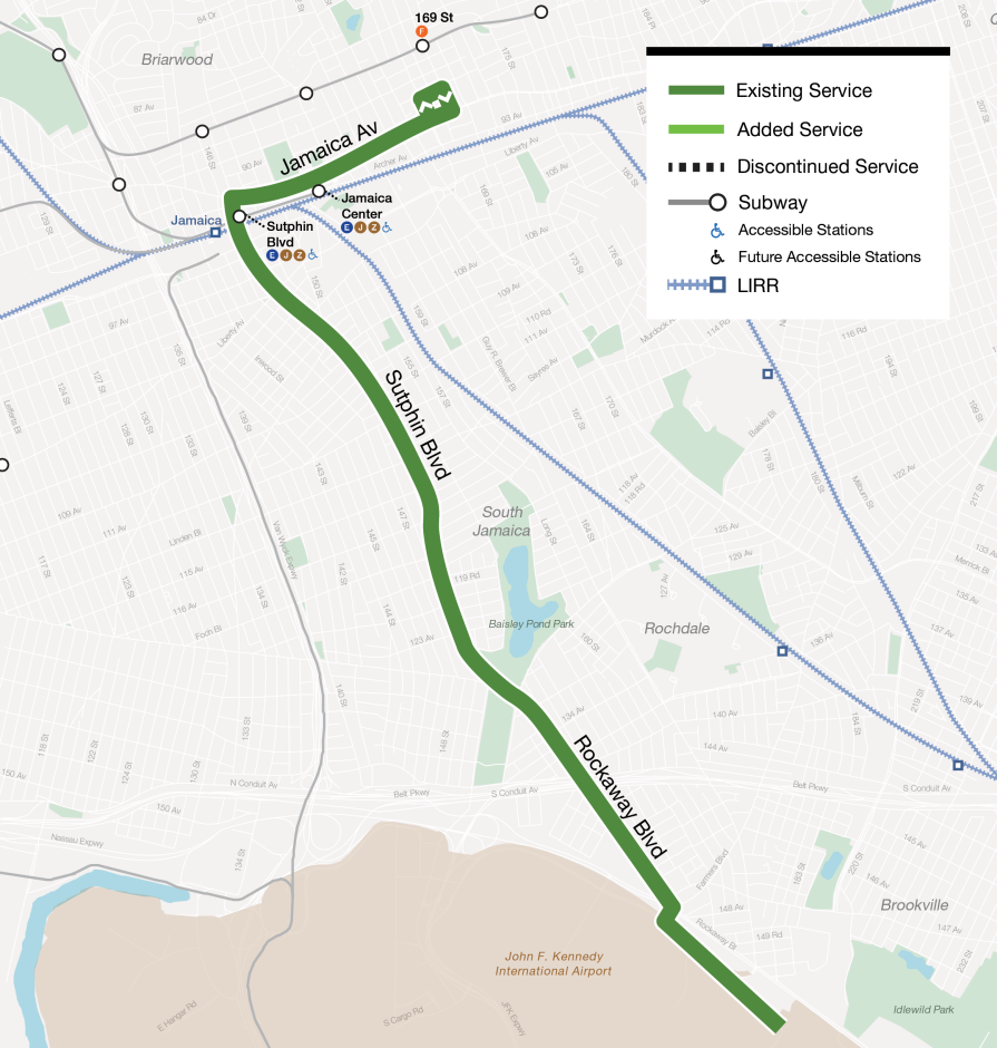 Map of the Q6 with service between Jamaica and JFK Cargo Area via 169 St, Jamaica Av, Sutphin Blvd, Rockaway Blvd, Nassau Expwy, Farmers Blvd, N Boundary Rd, and Eastern Rd.