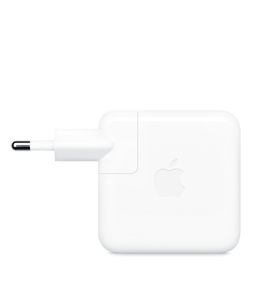 อะแดปเตอร์แปลงไฟ ทรงสี่เหลี่ยม มีมุมมน สีขาว มีโลโก้ Apple อยู่ตรงกลาง