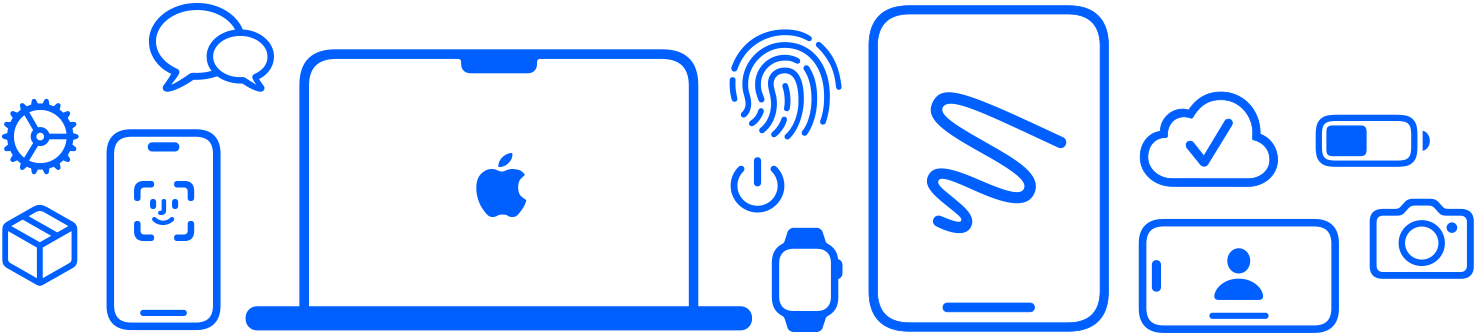 Apple devices and features, setting icon, shipping box, messaging, iPhone, MacBook setup, Touch ID, power icon, Apple Watch, iPad with Face ID.