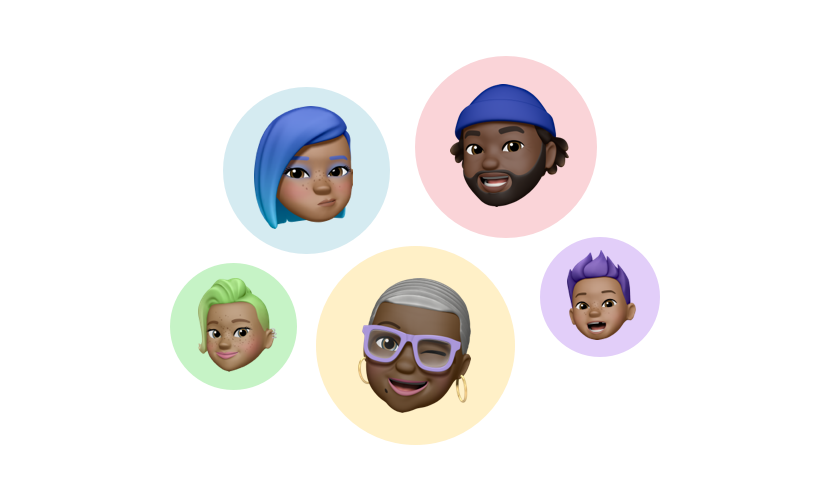 Une famille de cinq personnes est représentée sous la forme de Memoji de visages. Chaque visage s’inscrit dans un cercle de couleur différente.