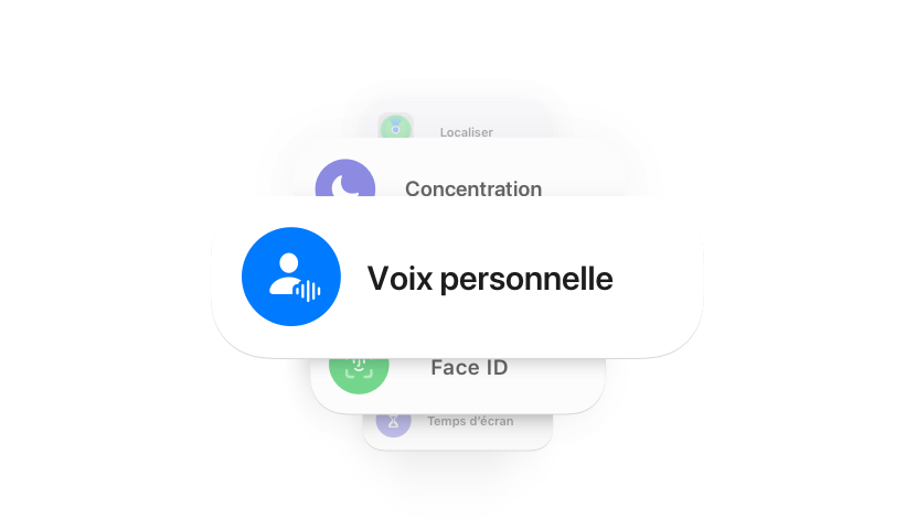 Plusieurs fonctionnalités iPhone, comme Voix personnelle et Face ID.