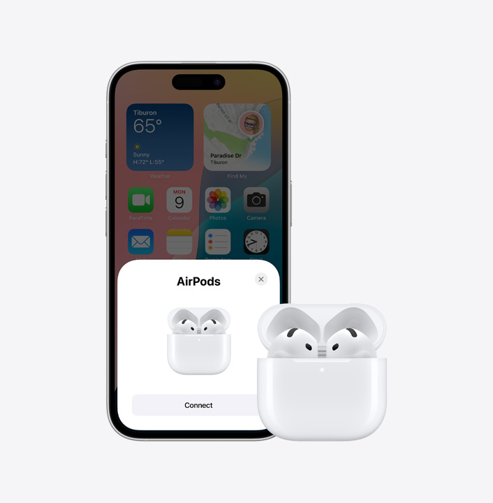iPhone 16 neben einem Paar AirPods