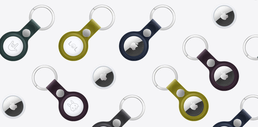 Un ensemble d’AirTags et d’AirTags avec porte-clés en tissage fin dans différents coloris, dont chartreuse, vert foncé, bleu intense, mûre et noir.