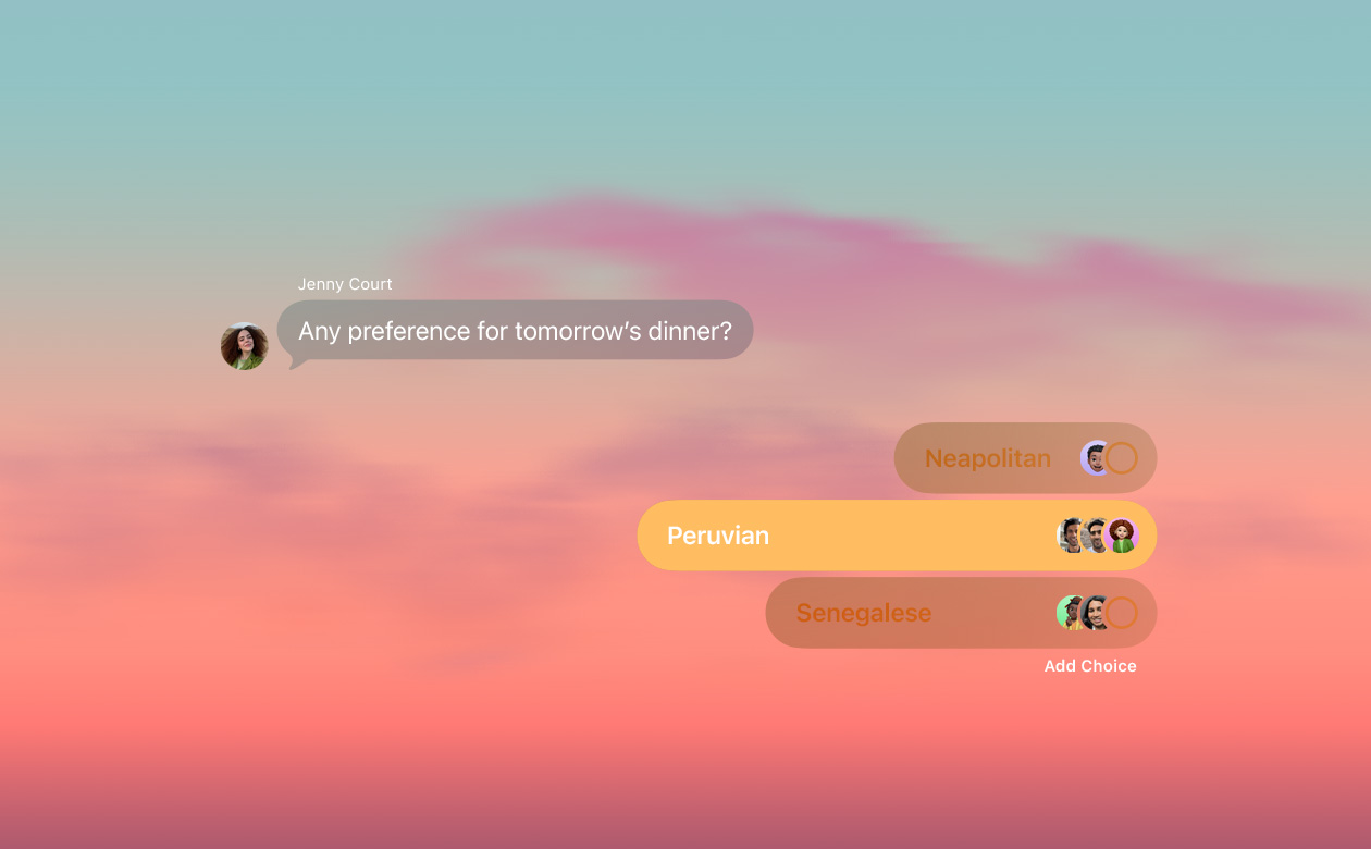 Sondages et arrière-plans dans Messages montrant des personnes qui votent dans le chat de groupe sur ce qu’elles préfèrent manger pour le dîner