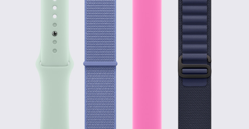 أحزمة عديدة لساعة Apple Watch مصطفة رأسياً بجانب بعضها البعض.