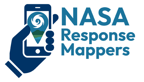 NASA Response Mappers logo, a hand holding a phone with a picture of a hurricane on it.