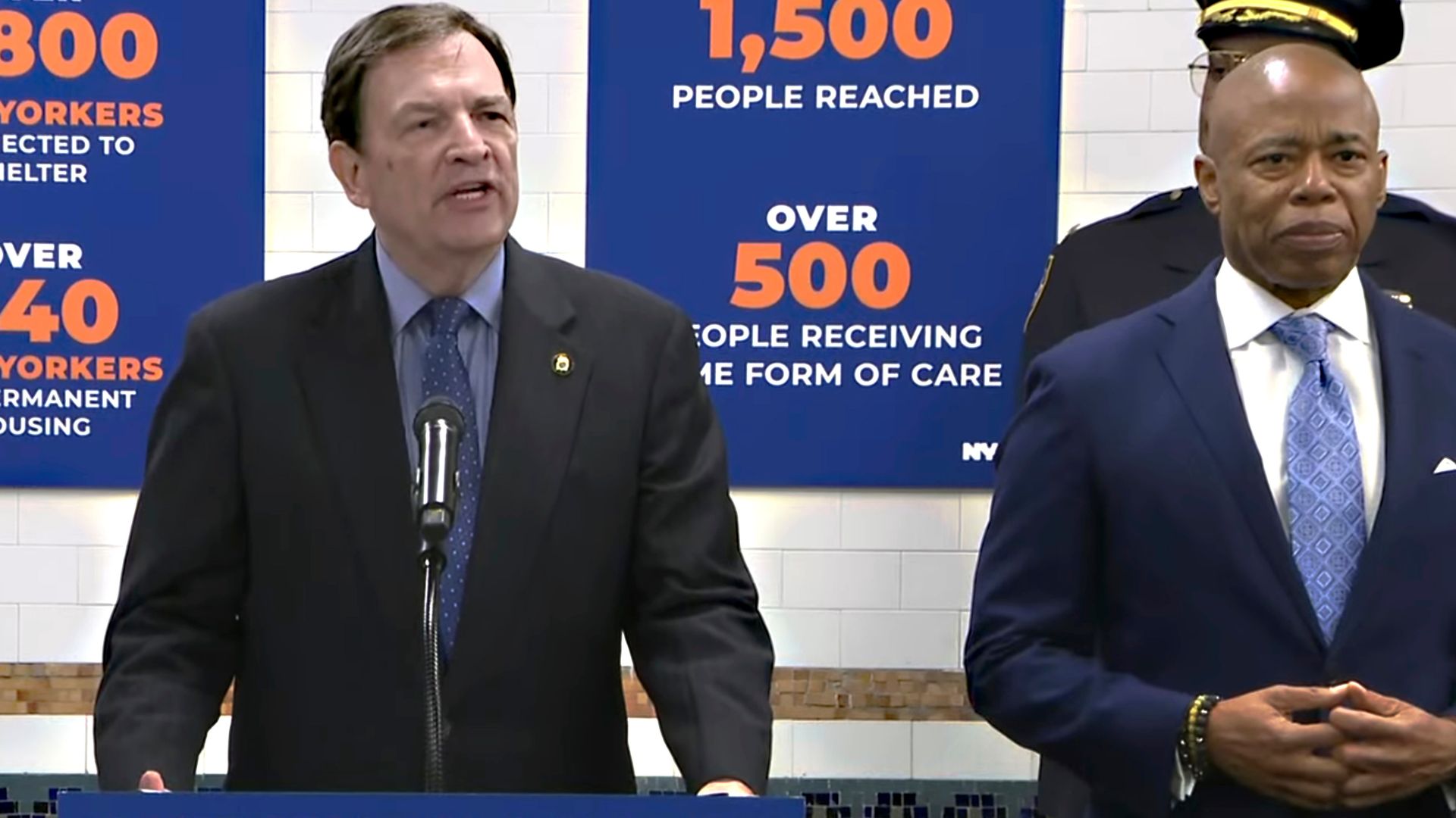 Interim New York City Police Department Commissioner Thomas Donlon, left, and New York City Mayor Eric Adams during a news conference in Times Square subway station, Oct. 10, 2024.