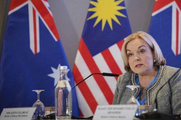 New Zealand's Defence Minister Judith Collins, speaks during a press conference on the sidelines of the Shangri-la Dialogue for the Five Power Defence Arrangements (FPDA) Defence Ministers' Meeting [FDMM], in Singapore, Friday, May 31, 2024. (AP Photo/Vincent Thian,File)