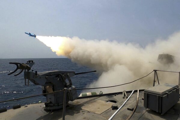 In this picture released by the official website of the Iranian Army on Thursday, Aug. 21, 2025, a missile is fired from a vessel during Iranian navy drill in the Gulf of Oman and the Indian Ocean. (Masoud Nazari Mehrabi/Iranian Army via AP)