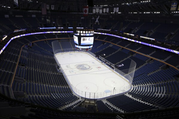 The rink at KeyBank Center is viewed before an NHL hockey game between the Boston Bruins and the Buffalo Sabres, Oct. 22, 2021, in Buffalo, N.Y. (AP Photo/Joshua Bessex, file)