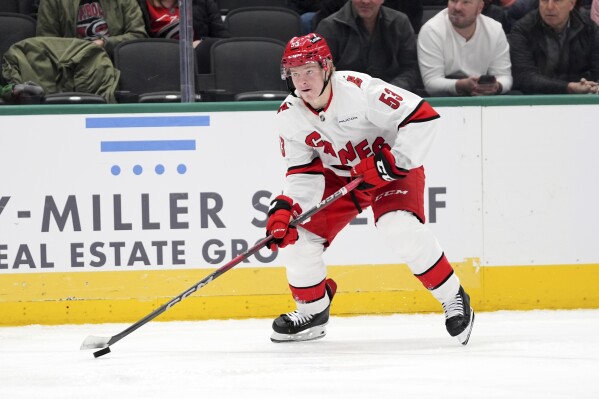 Carolina Hurricanes right wing Jackson Blake controls the puck during an NHL hockey game against the Dallas Stars in Dallas, Jan. 21, 2025. (AP Photo/Tony Gutierrez, File)
