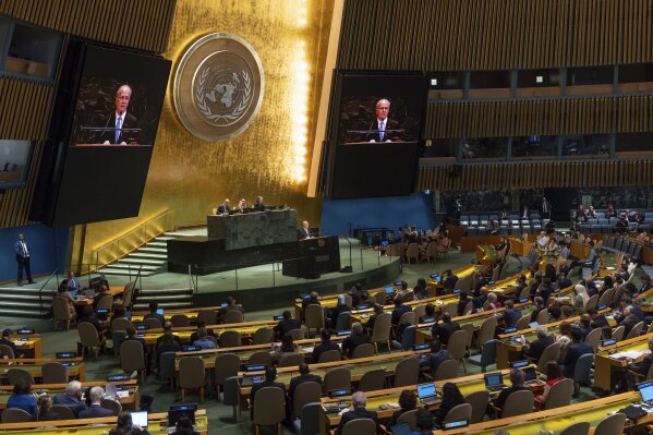 Palestinian Prime Minister Mohammed Mustafa speaks during a high-level International Conference for the Peaceful Settlement of the Question of Palestine and the Implementation of the Two-State solution at United Nations Headquarters, on Monday, July 28, 2025 .(AP Photo/Adam Gray)