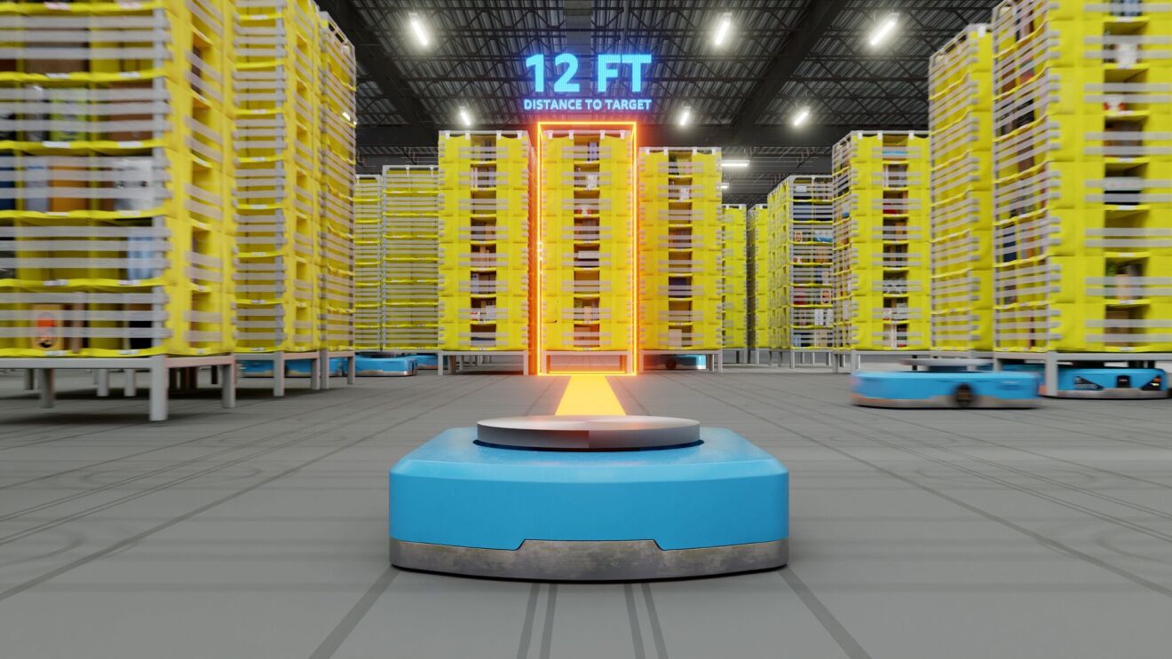 Automated warehouse interior with bright yellow racks and blue delivery bot