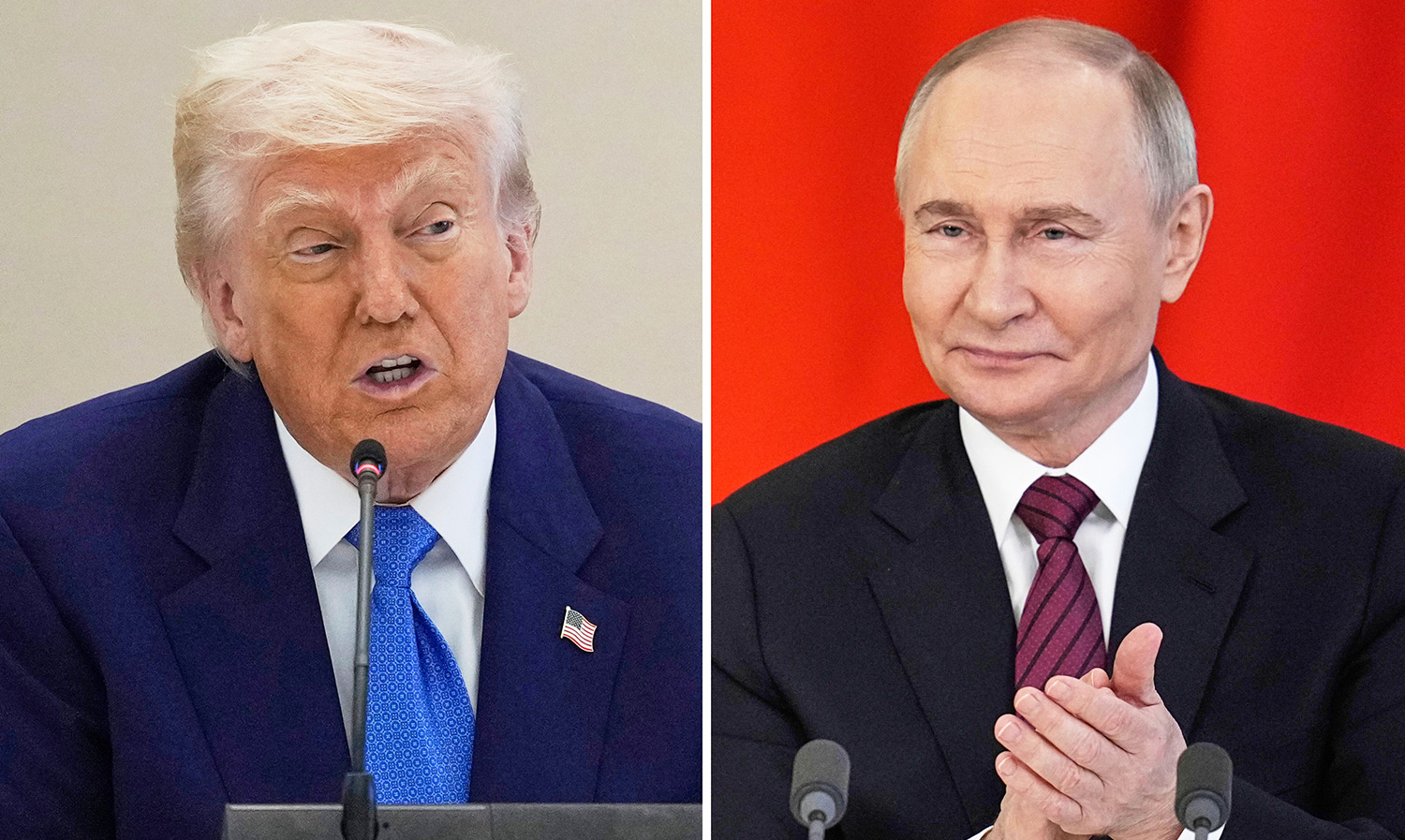 FILE - This combination photo shows U.S. President Donald Trump in a business roundtable in Abu Dhabi, United Arab Emirates, May 16, 2025, left, and Russian President Vladimir Putin at a signing ceremony at the Kremlin in Moscow, May 10, 2025. 