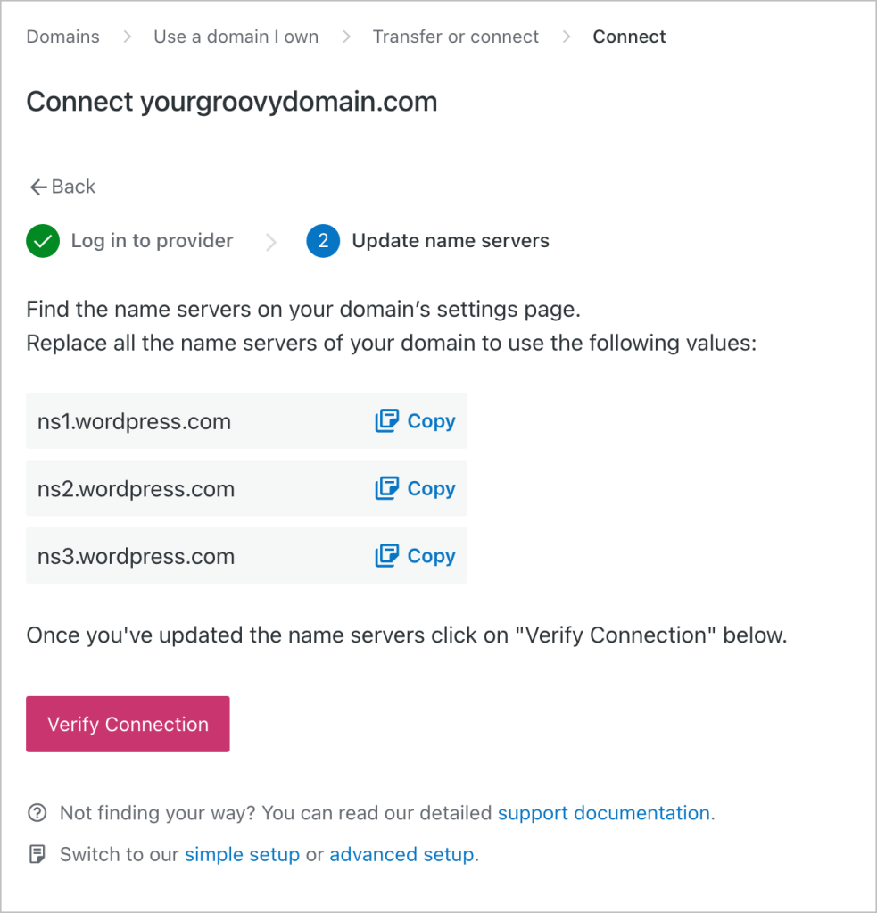 Tangkapan layar yang menunjukkan name server WordPress.com yang perlu diperbarui di domain yang terhubung.