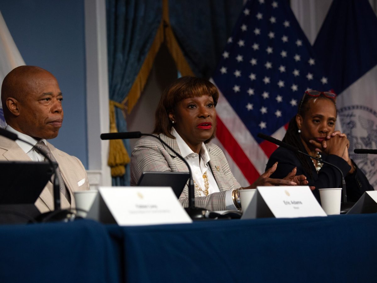 Mayoral advisor Ingrid Lewis-Martin speaks with reporters during the weekly off-top press conference at City Hall.
