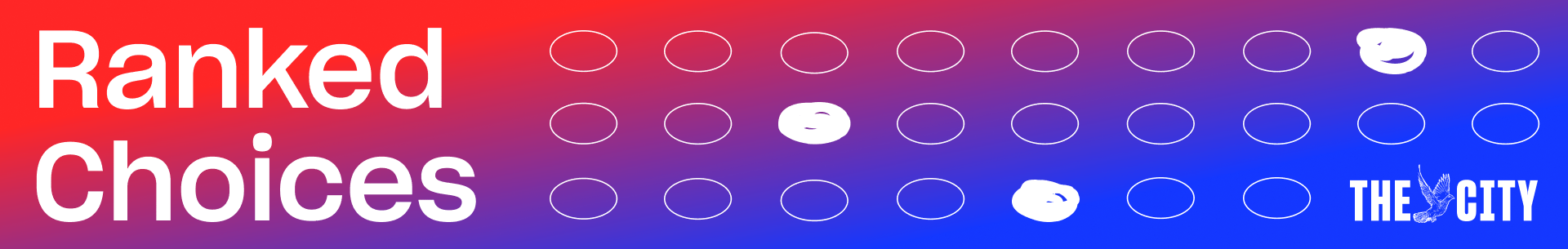 A red, purple and blue background behind a series of ballot ovals with the headline Ranked Choices in white lettering above.