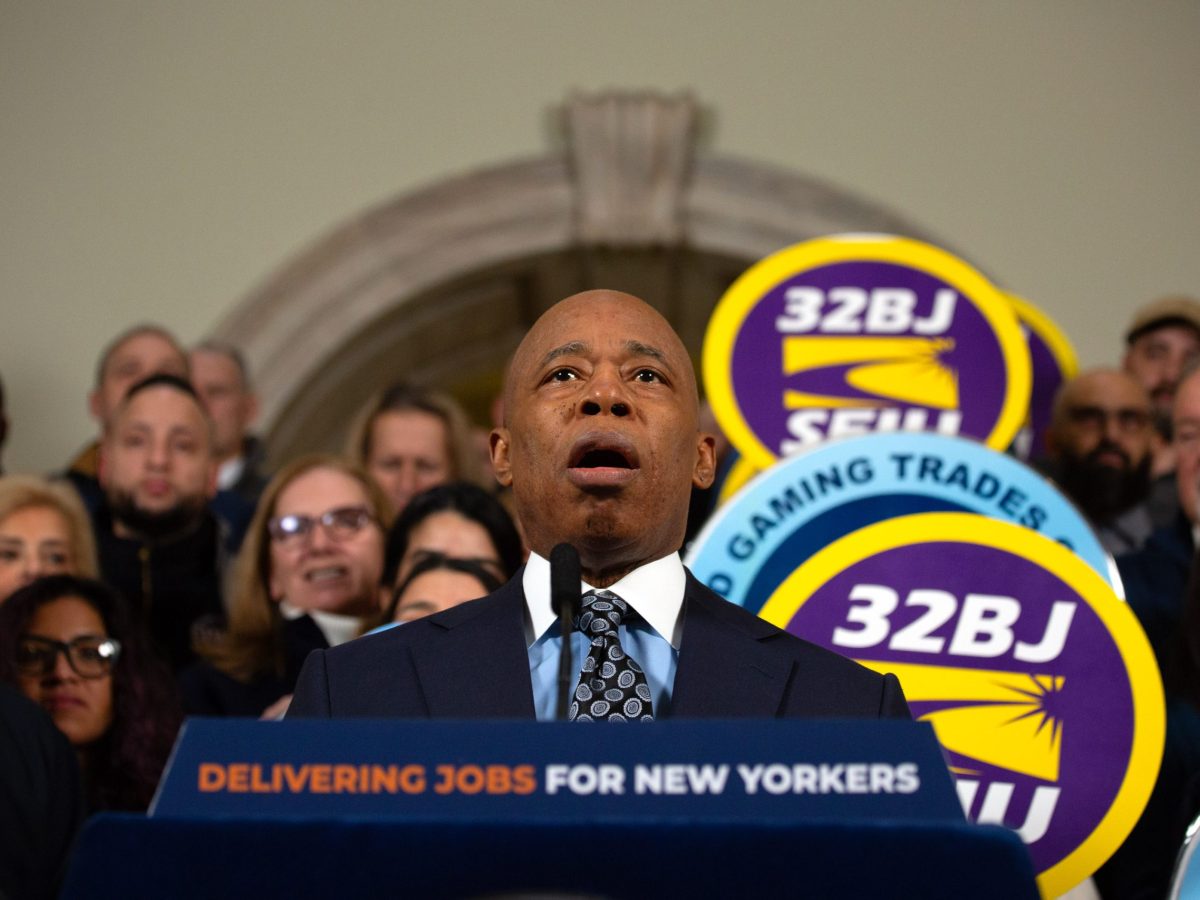 Mayor Eric Adams speaks at City Hall about job growth under his administration.