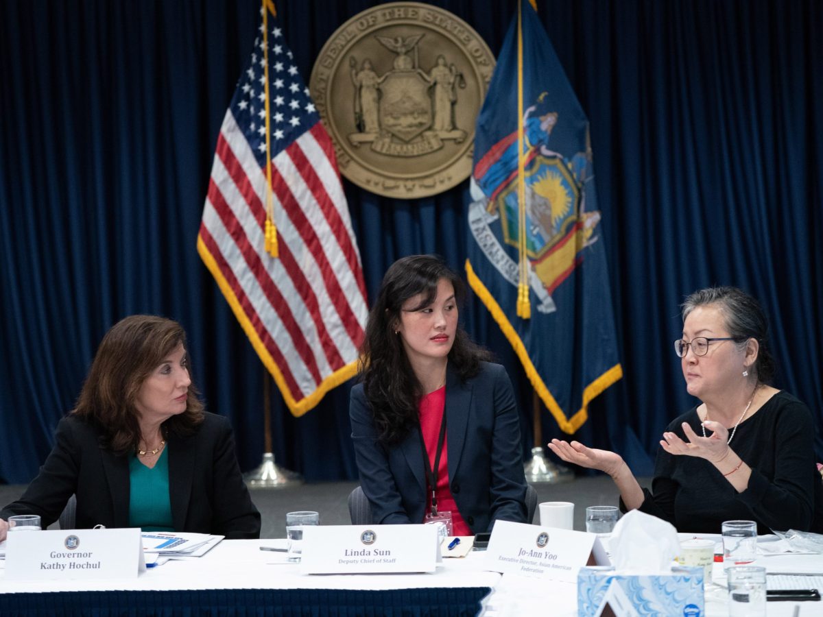 Then-Deputy Chief of Staff for Governor Kathy Hochul Linda Sun takes part in an anti-hate crime roundtable with Asian community leaders.