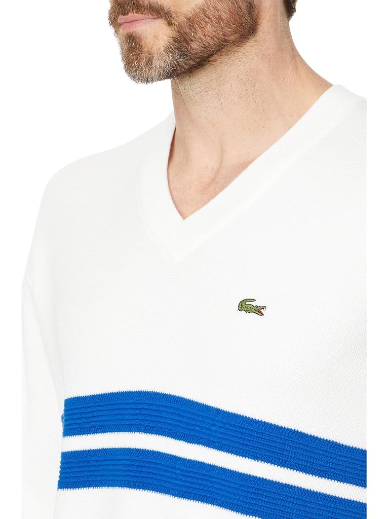 Lacoste Long Sleeve Relaxed Fit V-Neck Sweater with Stripes