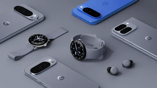 A collection of Pixel devices against a gray background, including phones, a smartwatch and earbuds.
